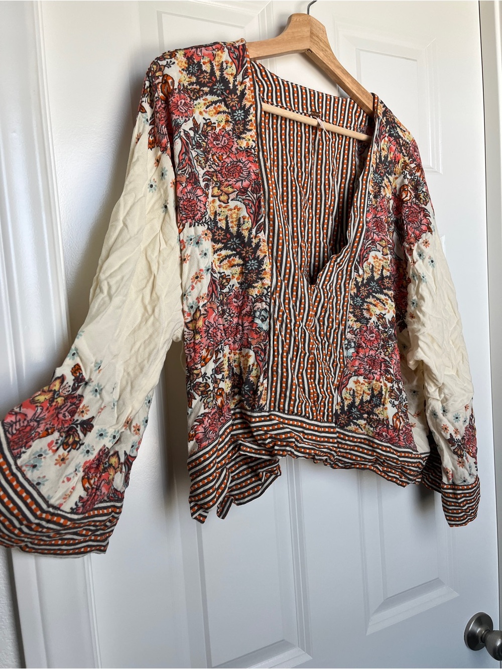 Free People Vertical Dot & Stripe Blouse in Cream, Orange & Black